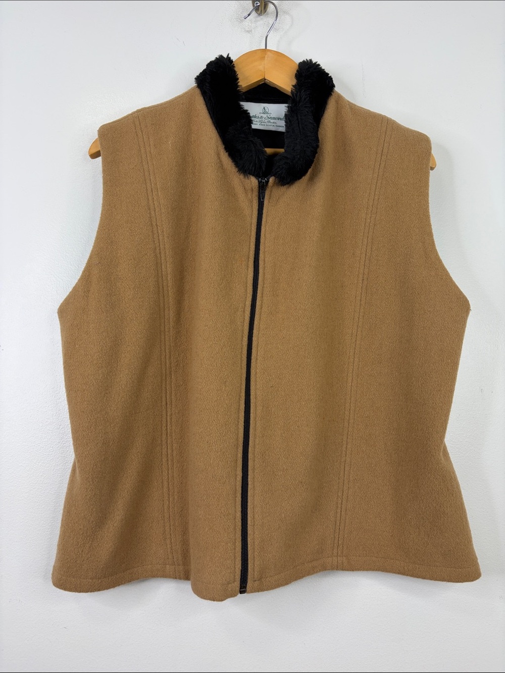 Handmade Wool Vest Womens XL Camel Tan Brown Full Zip Faux Fur Made in Canada